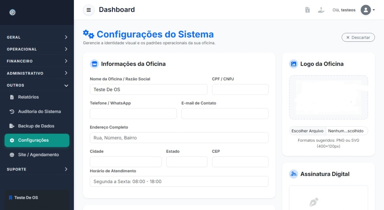 Configuração da sua oficina